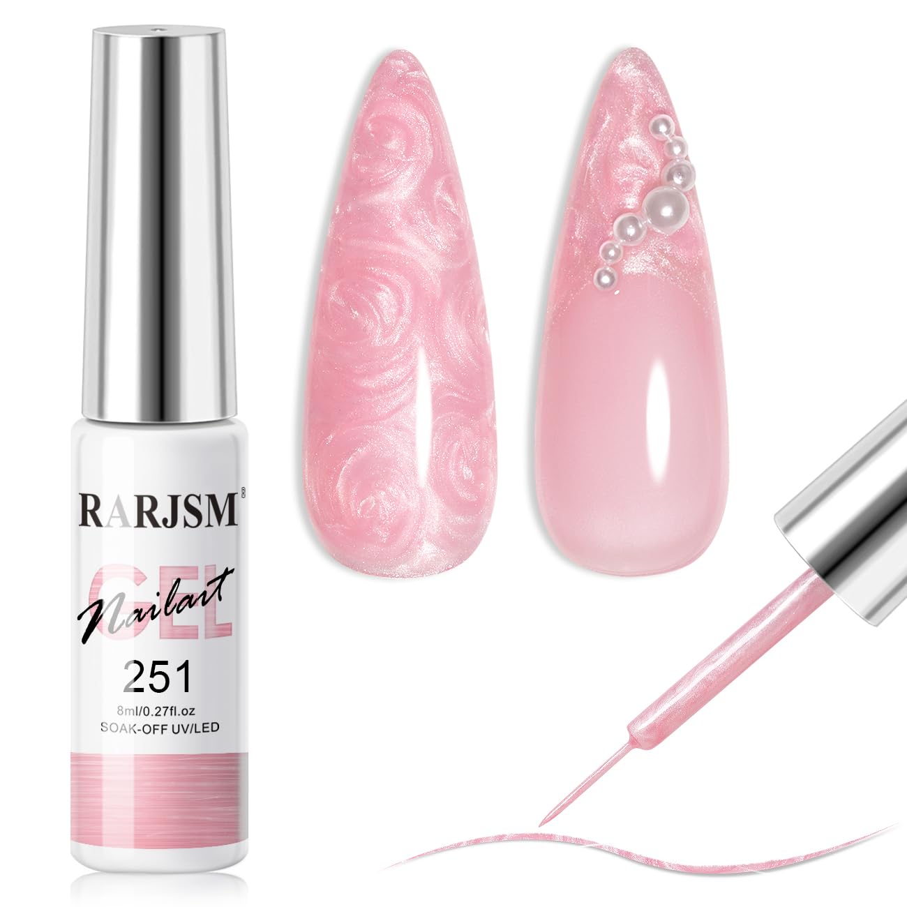 RARJSM Pearl Pink Nail Art Gel Liner Pearlescent Shell Glitter Swirl Effect Gel Nail Polish 8ml Build in Thin Brush Painted Drawing Striper Gelpolish Soak off Curing Requires for Home Salon Design-Velvo Beauty