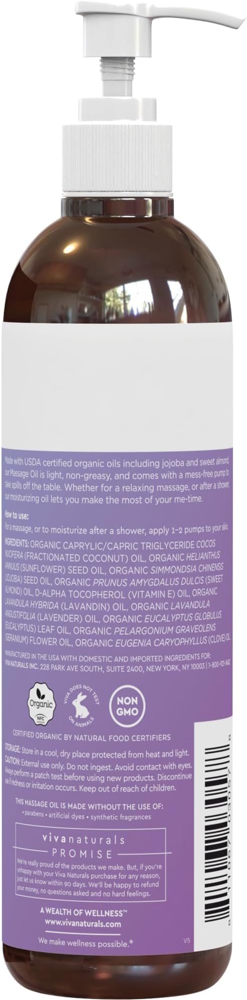 Viva Naturals Organic Massage Oil (8 fl. oz.) - Lavender Scented Non-Greasy Body Massage Oil with Mess-Free Pump, Moisturizing Massage Oils for Massage Therapy, Non-GMO and Certified Organic, 237 mL-Velvo Beauty