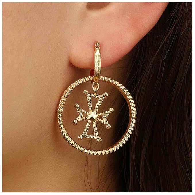 Punk Circle Cross Earrings Gold Circle Drop Dangle Earrings Brass Geometric Earrings Modern Chunky Drops Earrings Jewelry for Women and Girls Gifts-Velvo Beauty