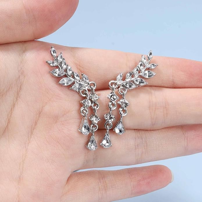 Boho Rhinestone Ear Crawler Earrings Gold Crystal Wing Ear Climber Earrings Angel Wing Crystal Dangle Earrings Cz Wing Studs Earrings Jewelry for Women and Girls-Velvo Beauty