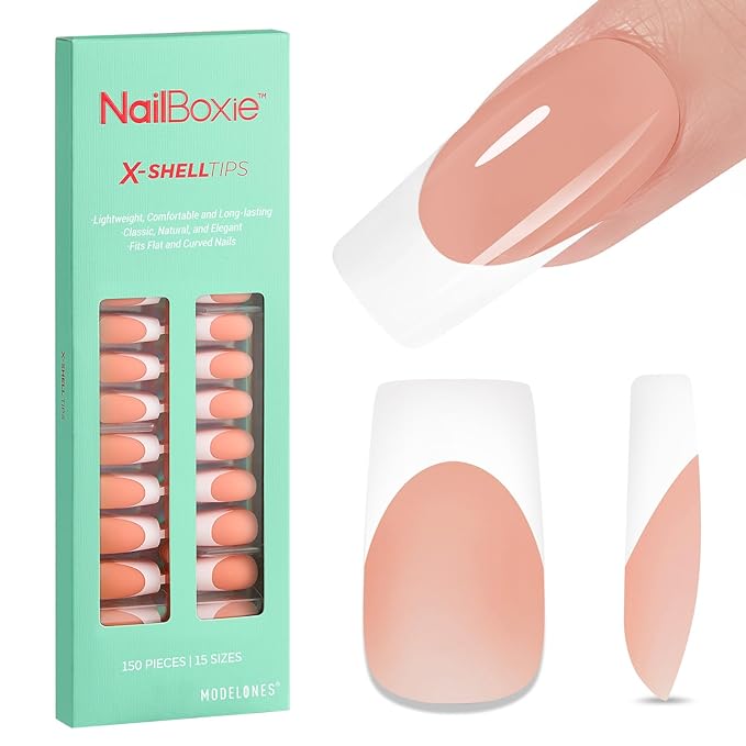 modelones French Tip Press on Nails, 150Pcs Long Square Fake Nails with Nail Box, Deep Nude Gel Nail Tips for Women, Soft Glue-On Nails for Natural Salon Look, DIY Nail Art Kit (15 Sizes)-Velvo Beauty