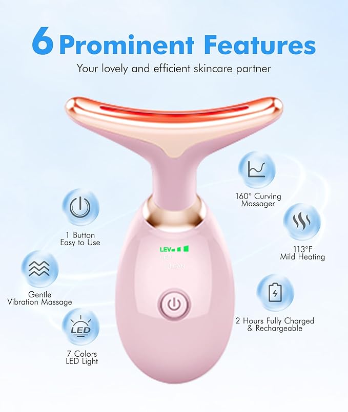 Red-Light-Therapy-for-Face-and-Neck, 7 Color Face Massager Tool for Wrinkles, Double Chin, Vibrating Facial Massager with Thermals for Skin Care, Glossy Pink-Velvo Beauty