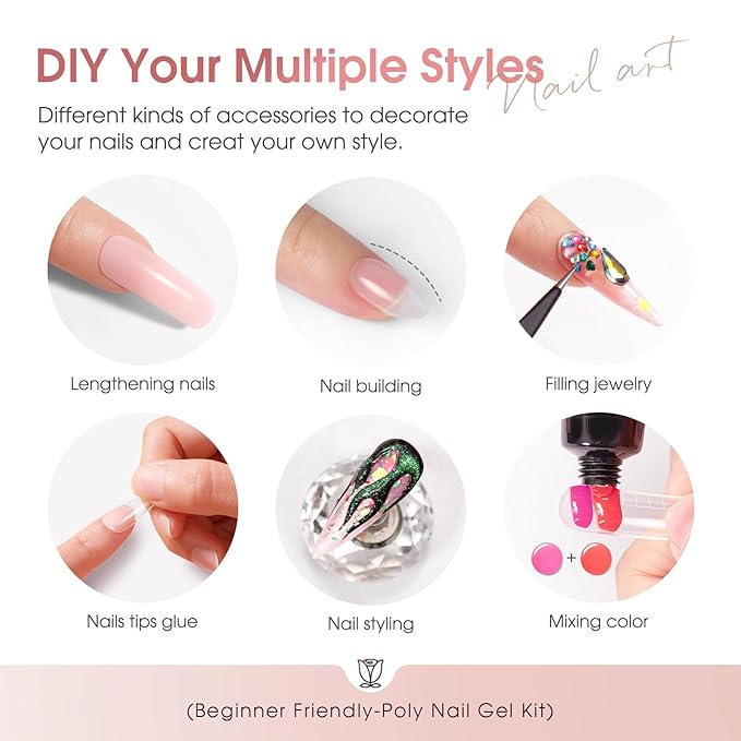 ROSALIND 12PCS Pink Brown Poly Nail Gel Kit with Mini Nail Lamp White Glitter Pink Poly Extension Gel Set-Velvo Beauty