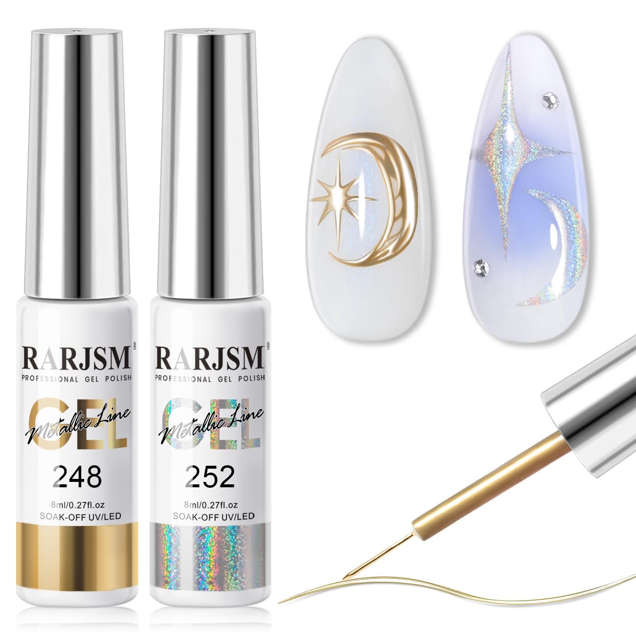 RARJSM Metallic Chrome Gel Liner Nail Art 3D Mirror Holographic Silver and Bronze Gold 2Pcs Set Gel Nail Polish 8ml Painting Build in Thin Brush Painted Drawing Striper GelPolish Curing Requires-Velvo Beauty