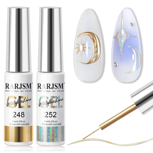 RARJSM Metallic Chrome Gel Liner Nail Art 3D Mirror Holographic Silver and Bronze Gold 2Pcs Set Gel Nail Polish 8ml Painting Build in Thin Brush Painted Drawing Striper GelPolish Curing Requires-Velvo Beauty