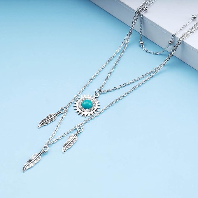 Boho Layered Feather Choker Necklace Turquoise Pendant Necklace Chain Vintage Crystal Paved Sun Necklace Silver Sunflower Necklace Jewelry for Women and Girls-Velvo Beauty