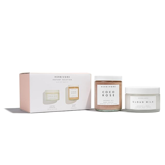 HERBIVORE Instant Vacation Silky Soft Body Gift Set | Coco Rose Coconut Oil Body Polish & Cloud Milk Coconut + Maca Firming Body Cream, Plant Based, Vegan, Cruelty Free-Velvo Beauty