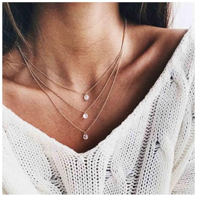 Boho Layered Crystal Necklace Choker Gold Bezel Pendant Necklace Multi Layering Vintage Necklace Chain Cz Bridal Necklace Chain Jewelry for Women and Girls-Velvo Beauty