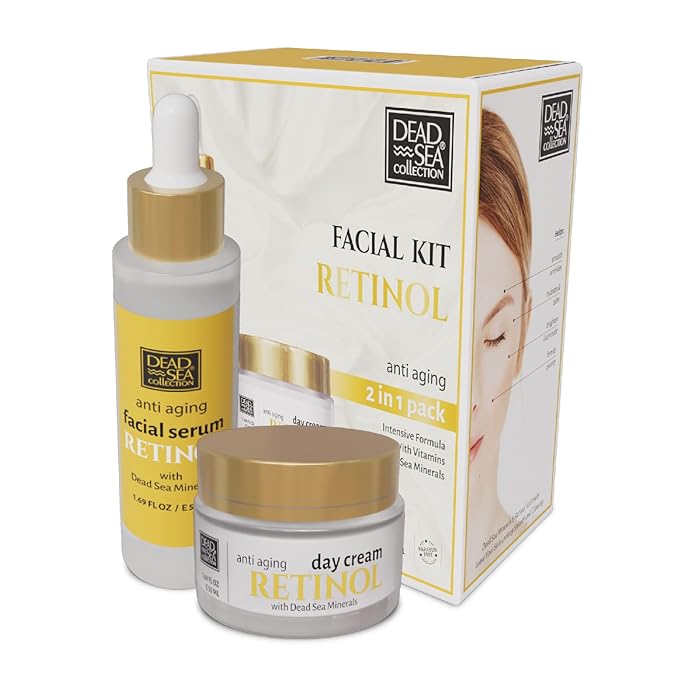 Dead Sea Collection Facial Kit Retinol - Day Cream (1.69fl.oz/50ml jar) & Facial Serum (1.69fl.oz/50ml bottle) - Pure Dead Sea Minerals - Anti-Wrinkle Hydration Smooth and Moisturized Skin-Velvo Beauty