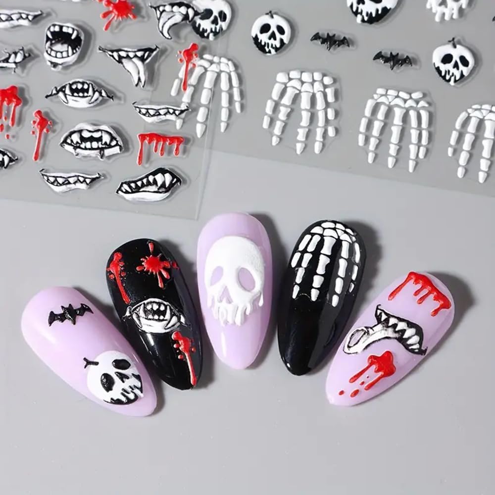 2 Pcs Halloween Nail Art Stickers 5D Embossed Scary Skull Self-Adhesive Nail Decals Halloween Stickers Bat Bones of The Dead Designs Nail Decorations Holiday DIY Acrylic Nail Accessories for Women-Velvo Beauty