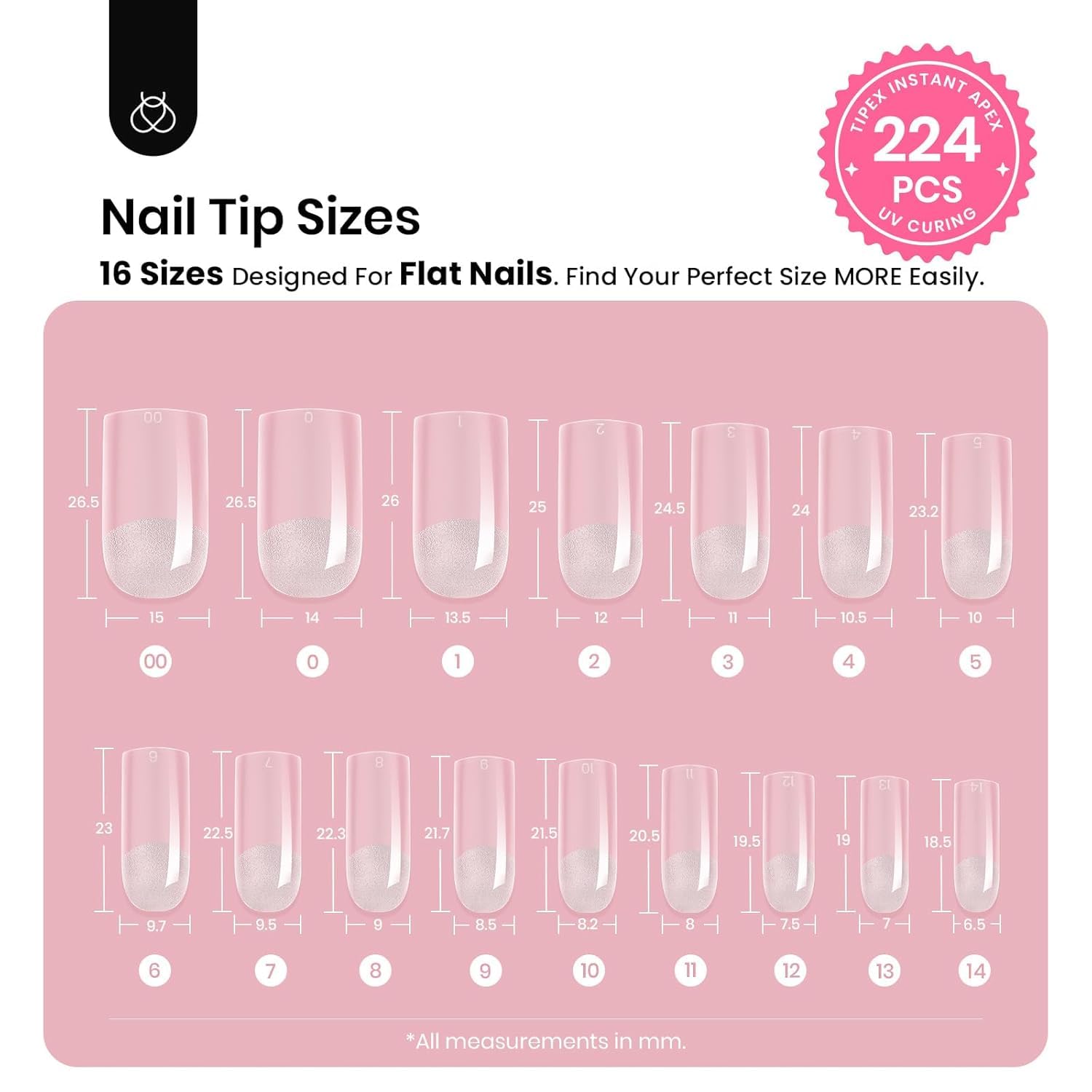 Beetles Tipex Nail Kit, Square Medium Nail Tips 224 Pcs 16 Sizes Pre-Etched Fake Nails with Tipex Nail Glue Mini Nail Lamp - Thick Acrylic Nail Set Pre-Builder Gel Press-on Nails-Velvo Beauty