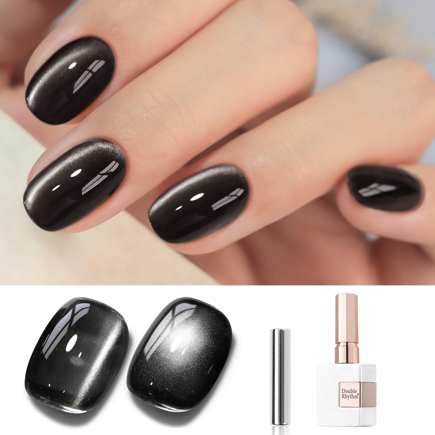 Double Rhythm Jelly Glass Cat Eye Gel Polish with Magnet 15ML Holographic Glitter Shimmer Translucent Sheer Color Magnetic Nail Polish Salon DIY at Home (Jelly Black-MC1115)-Velvo Beauty