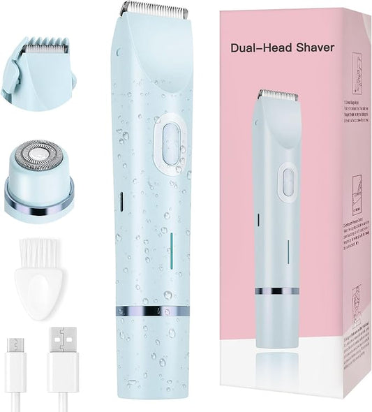 Women's Bikini Trimmer, 2-in-1 Electric Shaver for Bikini Line, Legs, Underarms, Face - Waterproof Women's Electric Shaver for Sensitive Skin, USB Rechargeable (Purple) (Blue)-Velvo Beauty