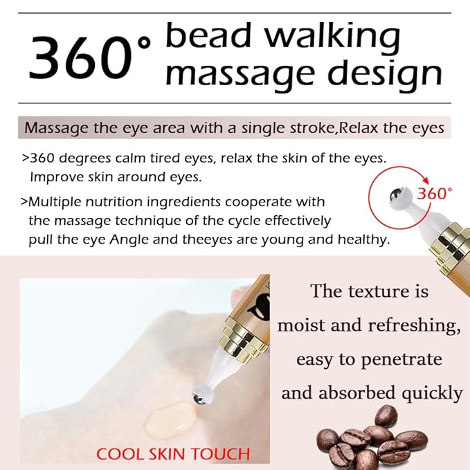 Caffeine Eye Serum Anti Aging, Retinol Eye Serum with 360° Massage Ball for Dark Circles and Puffiness, Deeply Moisturizing, Firms and Lifts Eye Skin, Enhance Skin Elasticity, Smooth Fine Lines-Velvo Beauty