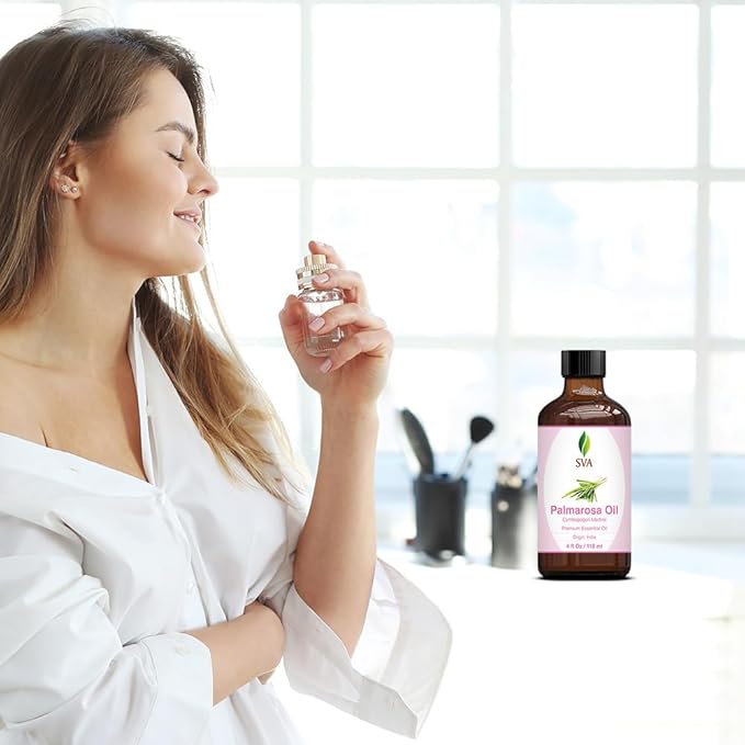 SVA Palmarosa Essential Oil – 4 Fl Oz – 100% Natural Palmarosa Oil - for Diffuser, Hair Care, Face, Skin Care, Aromatherapy, Scalp and Body Massage, Soap and Candle Making – with Dropper-Velvo Beauty