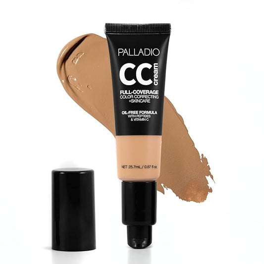 Palladio Full-Coverage Color Correction CC Cream, Oil-Free with Peptides & Vitamin C, Buildable Foundation Coverage (Tan 40W, Warm Undertone),0.87 Fl Oz (Pack of 1)-Velvo Beauty