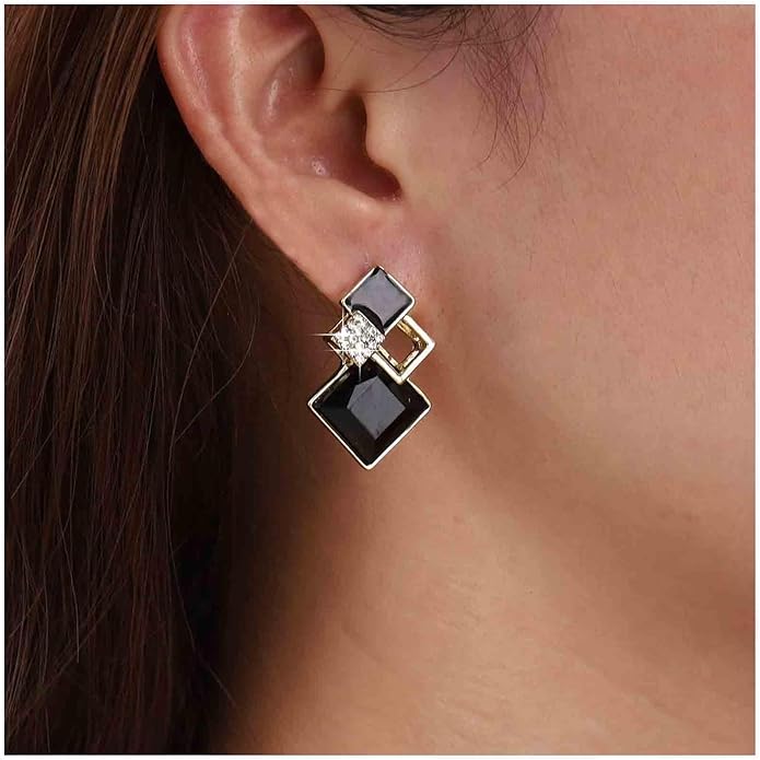 Vintage Crystal Square Drop Earrings Black Square Stud Earrings Gold Hollow Square Dangle Earrings Black Onyx Square Earrings Jewelry for Women-Velvo Beauty