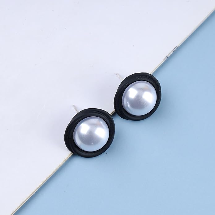 Vintage Mermaid Pearl Stud Earrings Half Pearl Earrings Black Enamel Circle Earrings Mermaid Stud Earrings Jewelry for Women and Girls-Velvo Beauty