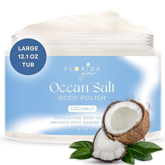 Sea Salt Body Scrub by Florida Suncare - Ocean Salt Body Polish Infused with Marine Algae - Exfoliating Face and Body Scrub - Facial Scrub Exfoliator to Tackle Acne and Scars (Coconut, 12.1 oz)-Velvo Beauty