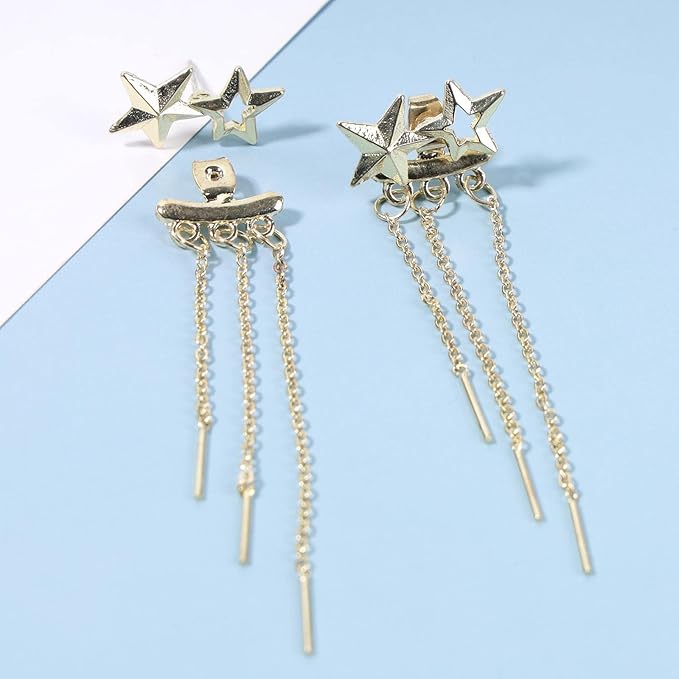 Boho Star Ear Jacket Earrings Gold Thin Bar Tassel Earrings Long Drop Chain Earrings Two Way Double Sided Earrings Jewelry for Women and Girls-Velvo Beauty