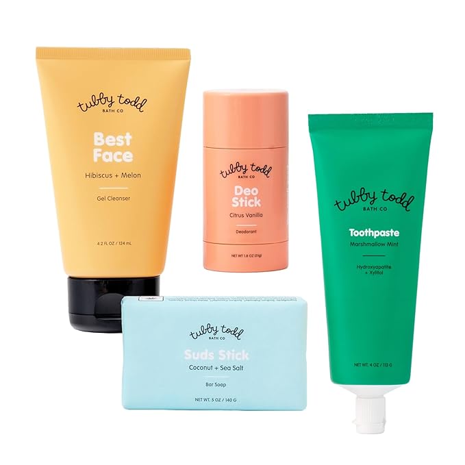 Tubby Todd Kids Sensitive Skincare Routine - The Kickstart Bundle - Gentle Bar Soap, Face Wash, Deodorant, Kids Toothpaste with Hydroxyapetite - Standard Size Scented-Velvo Beauty