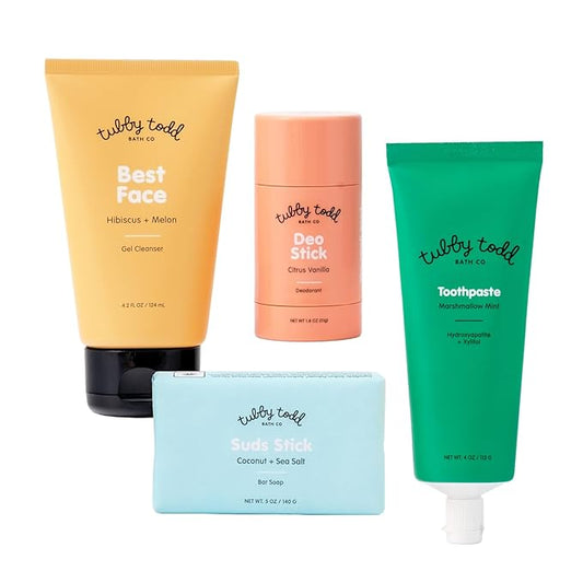 Tubby Todd Kids Sensitive Skincare Routine - The Kickstart Bundle - Gentle Bar Soap, Face Wash, Deodorant, Kids Toothpaste with Hydroxyapetite - Standard Size Scented-Velvo Beauty