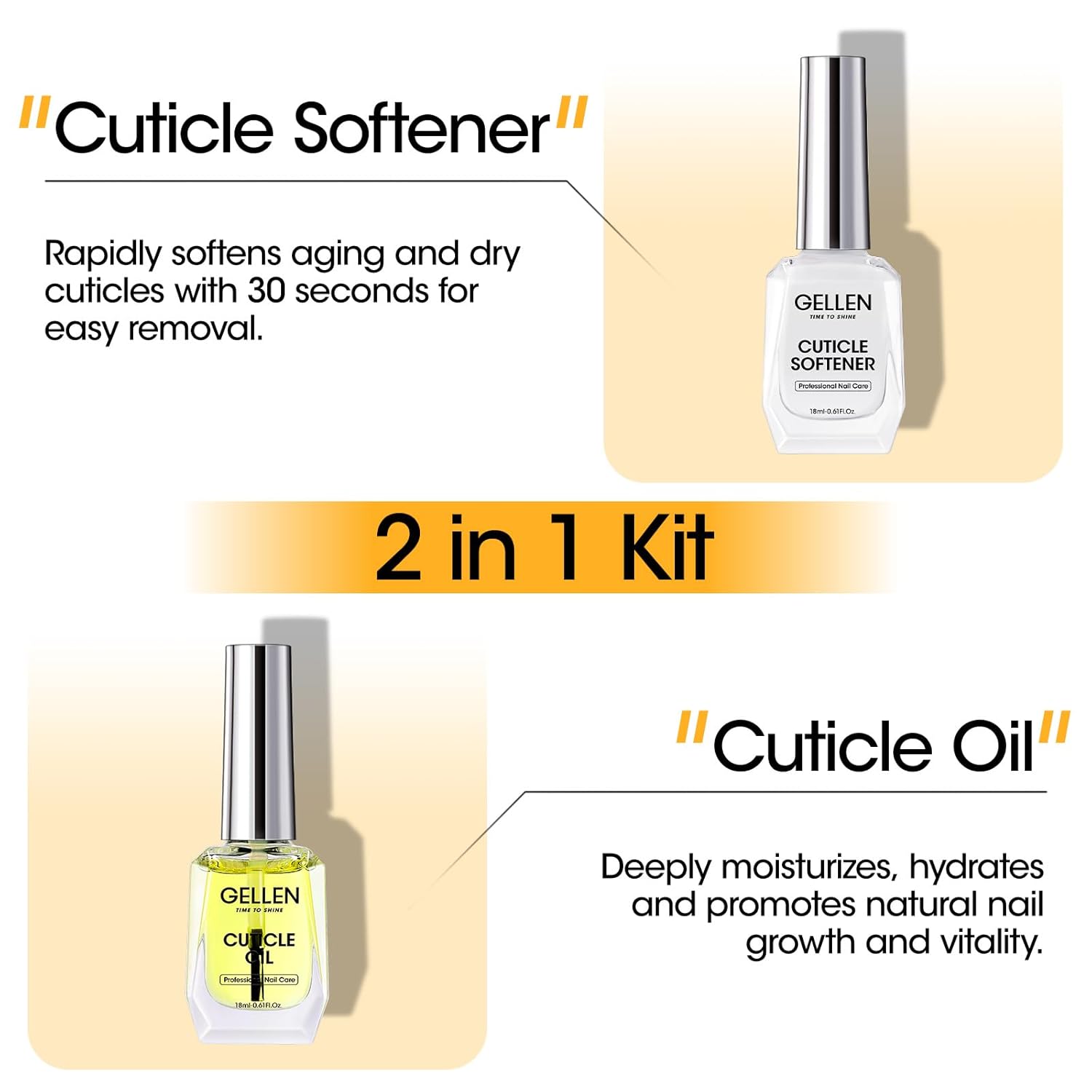 Gellen Cuticle Oil & Softener for Nails, 2 Pcs 18ml Cuticle Remover & Strengthener, Nail Cuticle Protector, 2 in 1 Nail Care Kit for Cuticle Removing & Repairng Manicure Essentials for Gel Nail Polish-Velvo Beauty