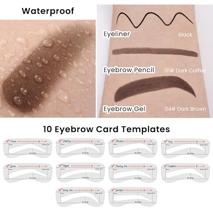 evpct Eyebrow Stencils Kit for Women Shaping, Eyebrow Shaper Makeup Kit, Eye Brow Stencil Shaper Tinting kits for Women, with Eyeliner, Eyebrows Pencil, Pomade, Brush and 10 Stencils, Kit04 DARK BROWN-Velvo Beauty
