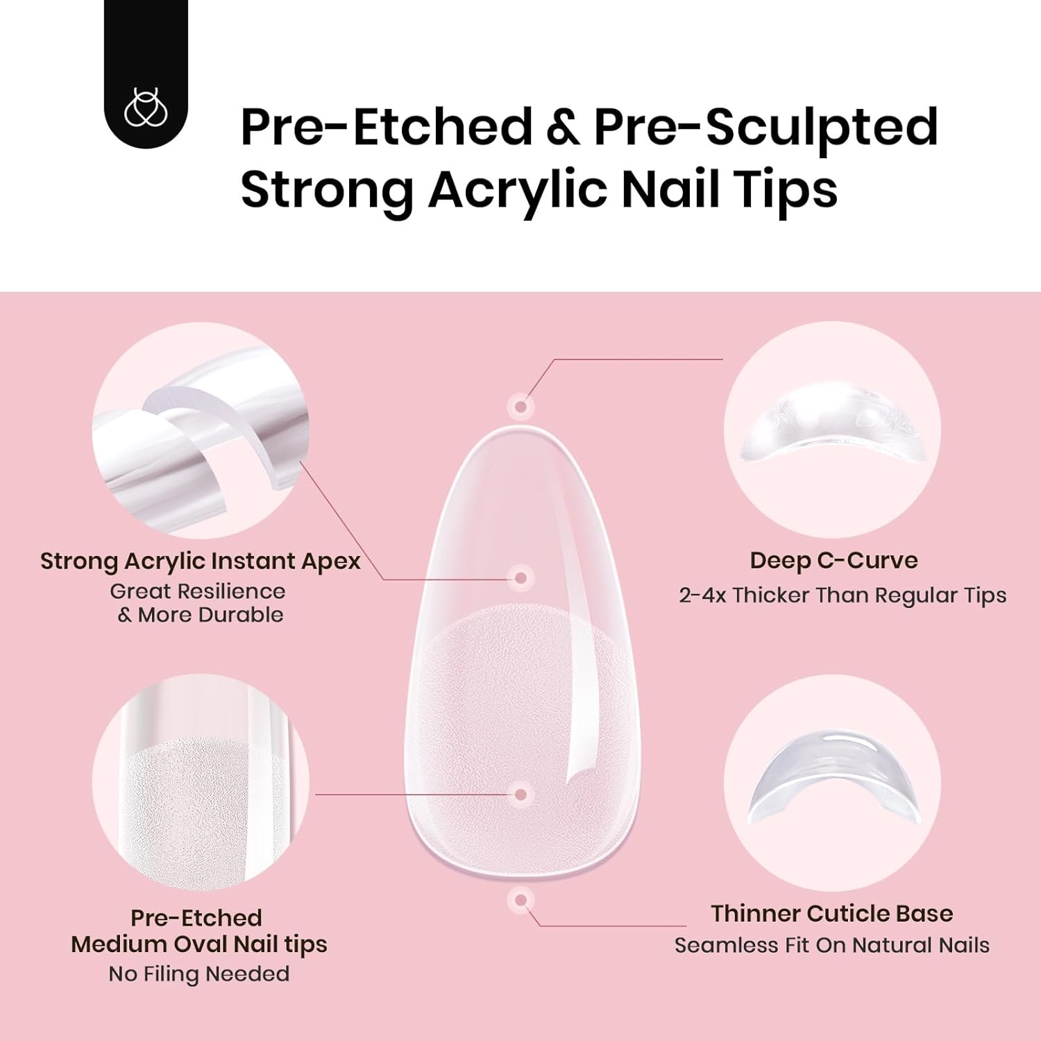 Beetles Tipex Instant Apex Nail Tips, Medium Oval Almond Acrylic Nails 192 Pcs Pre-Building Pre-Etched Thicker Gel Nail Tips - 16 Sizes Strong Full Cover False Nail-Velvo Beauty