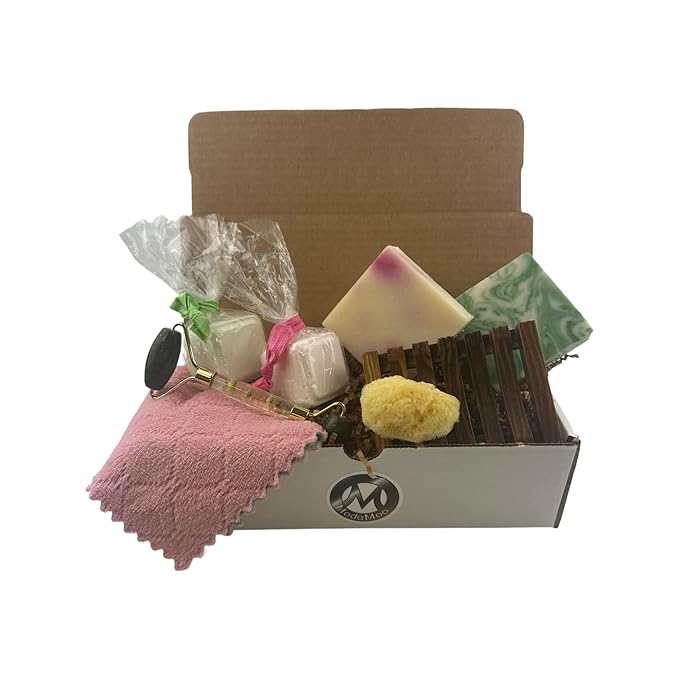ModaMoo's Day Spa Gift Box Set. Cucumber Melon and Asian Tea Blossom Soaps, Jade Roller, Sea Sponge, and More-Velvo Beauty