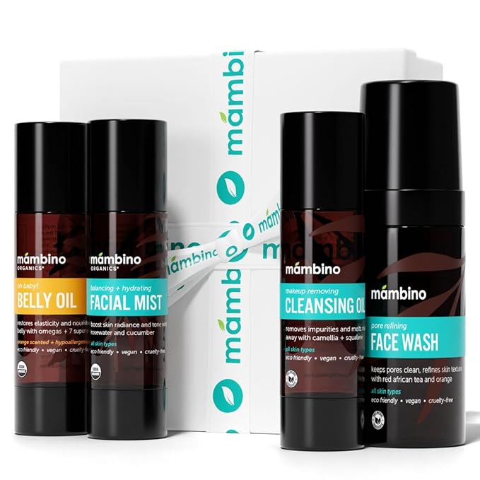 Third Trimester Set – All Natural Skincare Pregnancy Gift Box – Anti-stretch mark Belly Oil, Rose Facial Mist, Cleansing Oil, Face Wash - Mambino Organics-Velvo Beauty