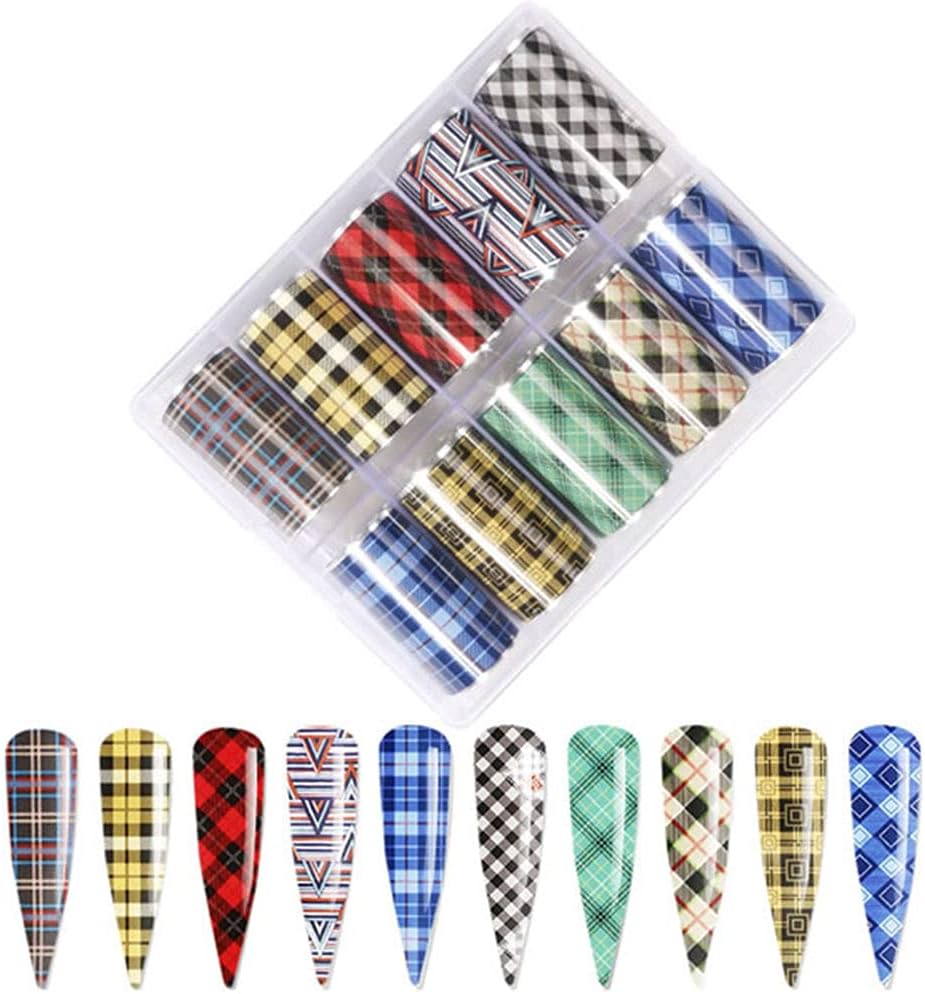 10 Colors Buffalo Plaid Nail Art Foils Christmas Nail Transfer Stickers Supplies Buffalo Plaid Design Nail Decal Tips Wraps Adhesive Glitters Acrylic DIY Nail Decoration-Velvo Beauty