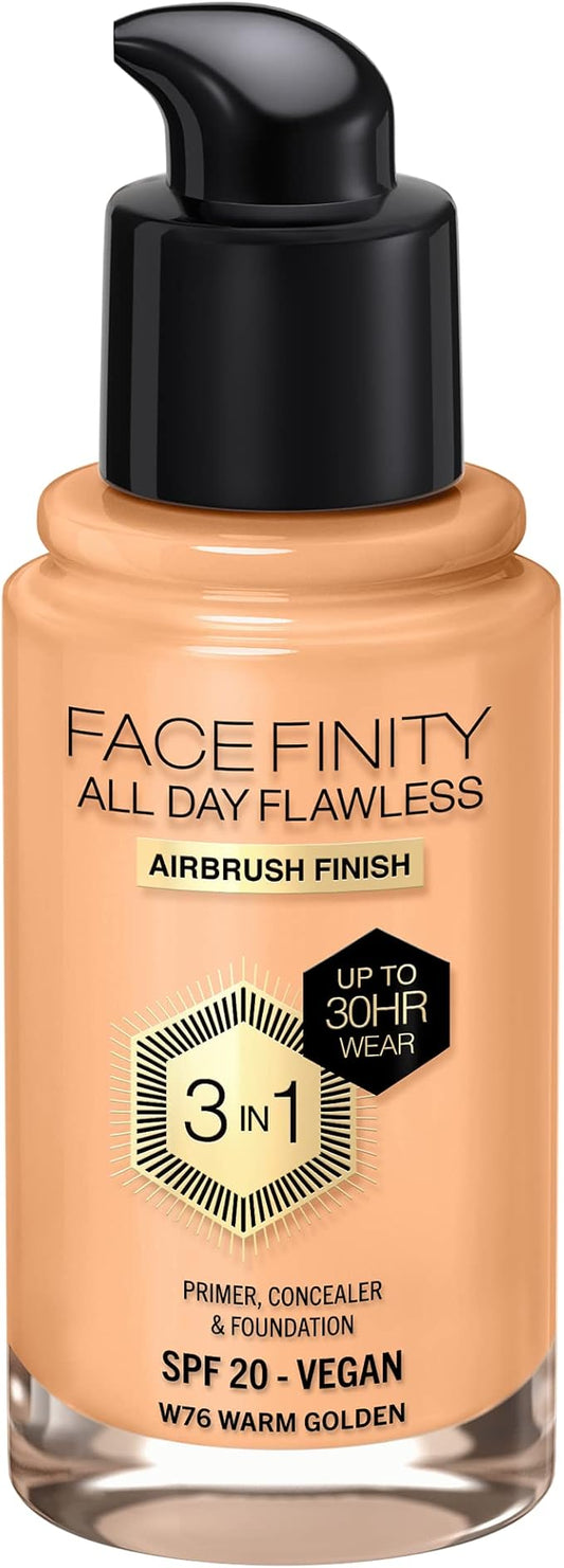 Max Factor Facefinity 3-in-1 All Day Flawless Liquid Foundation, SPF 20-76 Warm Golden, 30 ml-Velvo Beauty