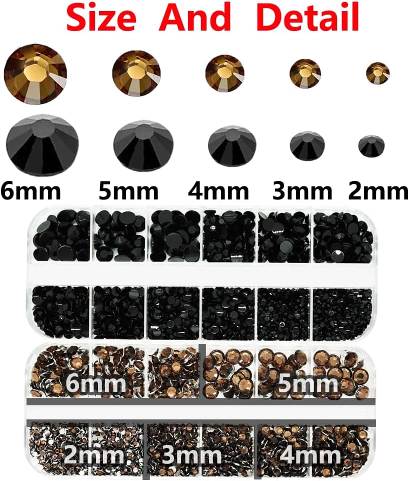 Black and Brown Rhinestones with Glue(S8-S30) for Bedazzling,2mm-6mm Non-Hotfix Flatback Nail Gems Beads with B7000, Resin Nail GemsStones Diamond Kit for Bedazzle Crafting, Nails DIY Art Decoration-Velvo Beauty