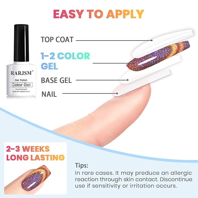 RARJSM 9D Chameleon Glass Cat Eye Gel Nail Polish Set 6Pcs Pink Purple Blue Green Yellow Multi Color Cateye Galaxy Shimmer Gradient Effect with Magnetic Stick UV LED Curing Require Home Salon-Velvo Beauty