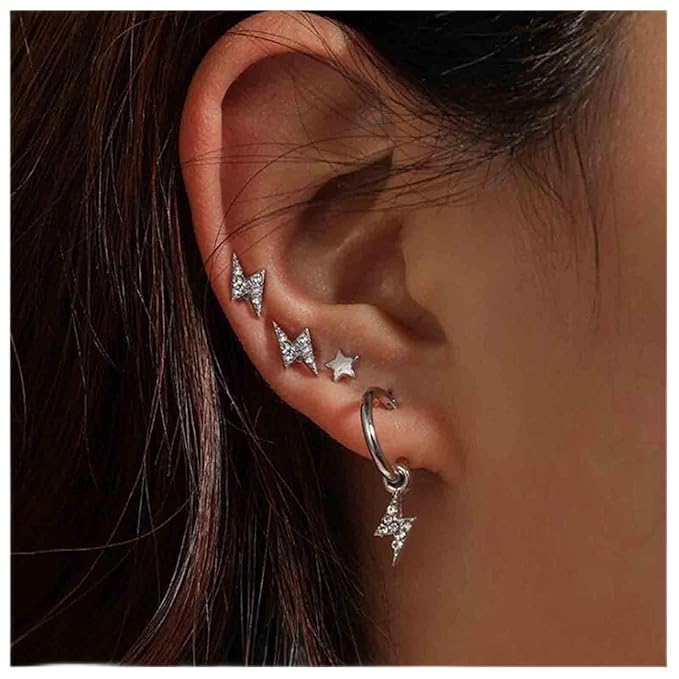 Bohemia Crystal Thunder Hoop Earrings Cz Lighting Bolt Studs Earrings Silver Lighting Drop Earrings Multiple Piecing Dot Earrings for Women and Girls-Velvo Beauty