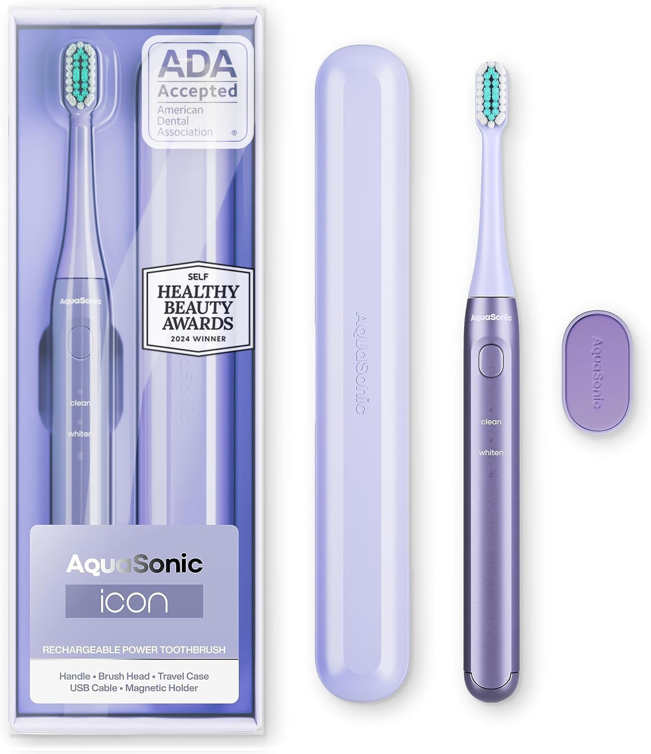 Aquasonic Icon ADA-Accepted Rechargeable Toothbrush | Magnetic Holder & Slim Travel Case | 2 Brushing Modes & Smart Timers | Gentle Micro-Vibrations (Lilac)-Velvo Beauty