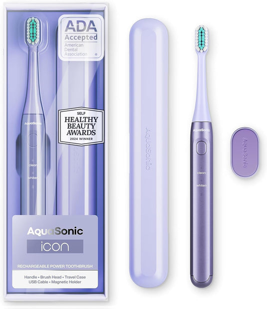 Aquasonic Icon ADA-Accepted Rechargeable Toothbrush | Magnetic Holder & Slim Travel Case | 2 Brushing Modes & Smart Timers | Gentle Micro-Vibrations (Lilac)-Velvo Beauty