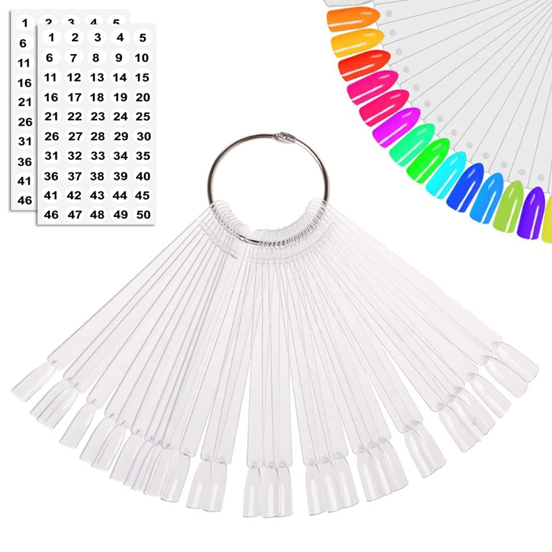 JASSINS 50 Pcs Nail Swatch Sticks with Ring and Numbered Tips - Clear Fan-shaped Display for Nail Art Polish Practice-Velvo Beauty