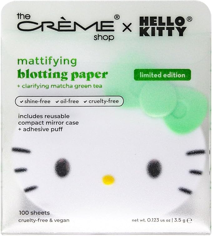 The Crème Shop x Hello Kitty Matcha Blotting Papers + Reusable Compact Mirror - Hello Kitty Collaboration for Oil Control and On-the-Go Touch-ups (Matcha Color Ribbon)-Velvo Beauty