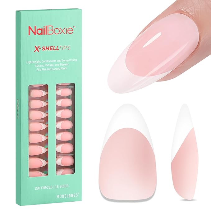 modelones French Tip Press on Nails, 150Pcs M-Almond Fake Nails with Nail Box, Pink & White Gel Nail Tips for Women, Soft Glue-On Nails for Natural Salon Look, DIY Nail Art Kit (15 Sizes)-Velvo Beauty