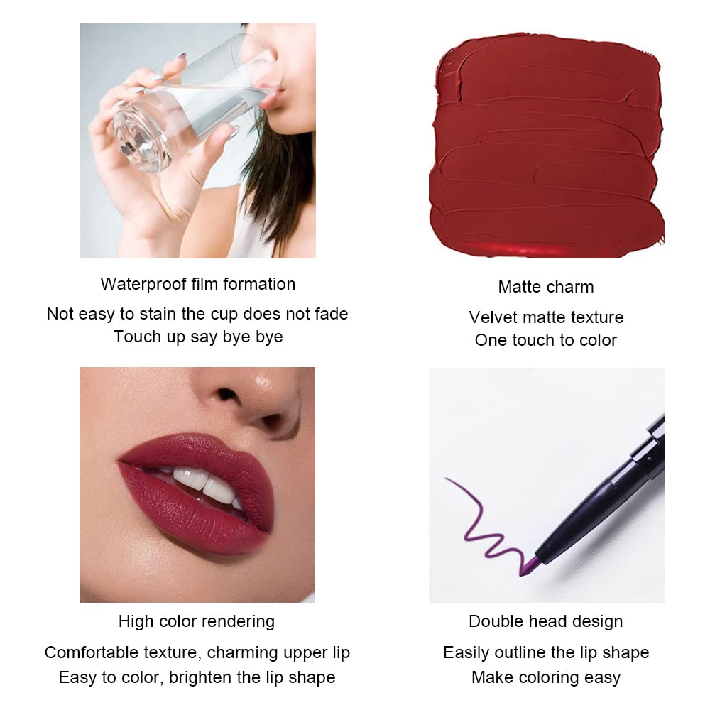 evpct 6Pcs Dark Red Mauve Purple Plum Matte Lip Stain Lip Liner and Lipstick Set Long Lasting Waterproof labiales matte mate larga duracion listip 24 hours a prueba de agua mate 24 horas originales-Velvo Beauty