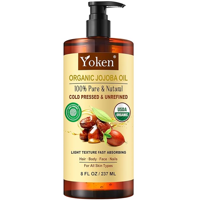Yoken USDA Organic Jojoba Oil Cold Pressed 8 fl oz, 100% Pure & Natural Unrefined Jojoba Oil for Face Hair & Skin Massage, Hexane Free, Deeply Moisturizing Body Carrier oils Multi-Purpose Serum-Velvo Beauty