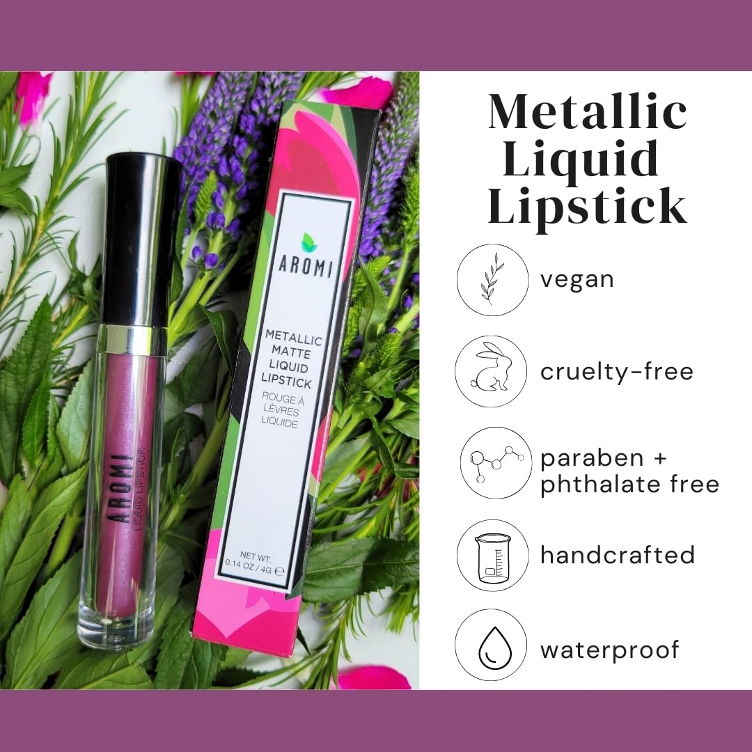 Aromi Metallic Liquid Lipstick | Long-lasting, Waterproof, Lip Color with Shimmery Finish, Vegan, Cruelty-free, Gluten and Paraben Free, Made in USA, Handmade (Vulgar Violet)-Velvo Beauty