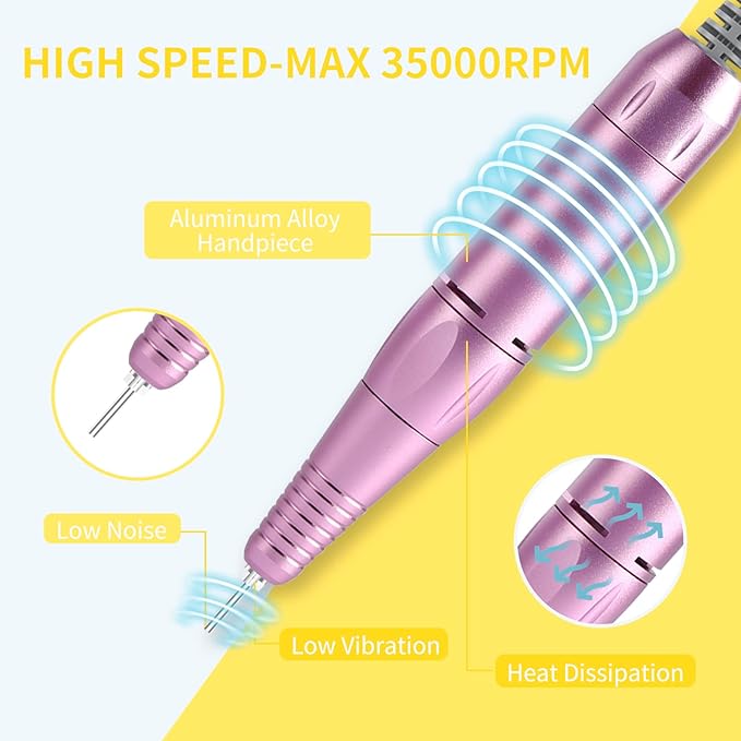 Portable Nail Drill Professional 35000 RPM, MOCOWIND Rechargeable Electric Nail File Machine for Acrylic Nails Gel Polishing, Cordless E-File with Bits Kit for Manicure Salon Home, Yellow & Purple-Velvo Beauty