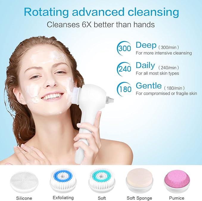 Face Scrubber Exfoliator,Facial Cleansing Brush Waterproof with LCD Screen,Blackhead Remover Vacuum with 5 Brush Heads,Face Spin Brush for Exfoliating (White-Blue)-Velvo Beauty