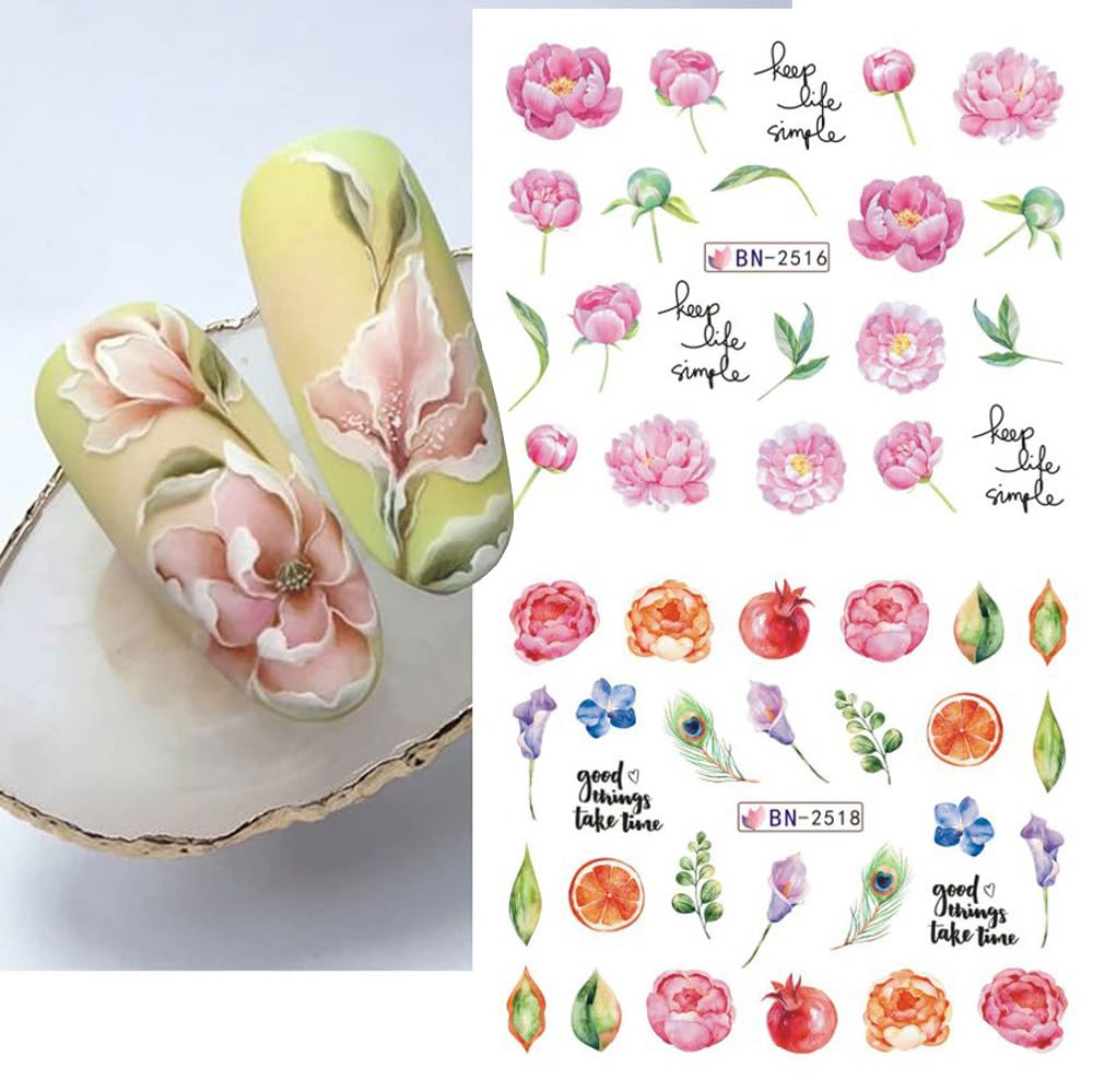 12 Sheets Flower Nail Water Transfer Decals, Nail Art Stickers for Women, Holographic Colorful Flower Leaf Patterns Nail Designs Supplies, Acrylic Nails Decorations DIY Resin Nail Decal Tattoos Set-Velvo Beauty