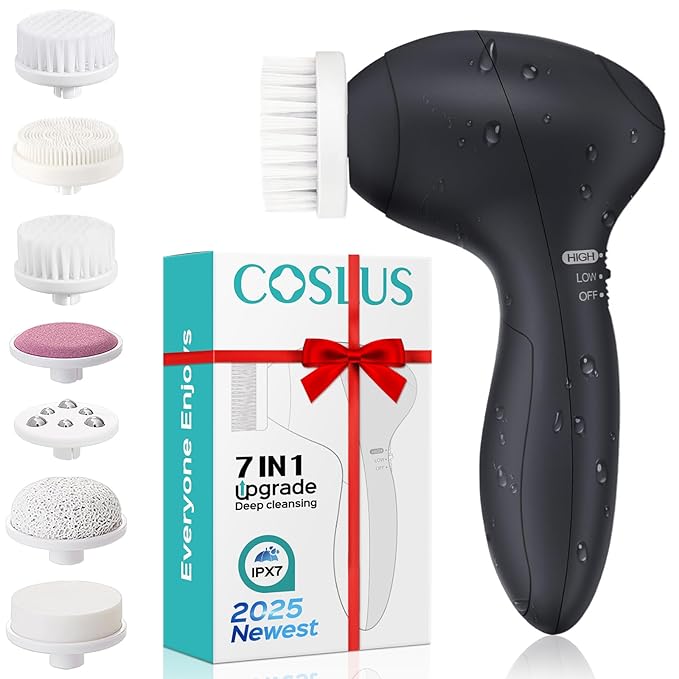 COSLUS Facial Cleansing Brush Silicone Face Scrubber: 7 in 1 FBS-D Electric Exfoliating Rotating Massage Device Waterproof Deep Cleaning Exfoliation Spa Machine - Electronic Skin Care Wash System-Velvo Beauty