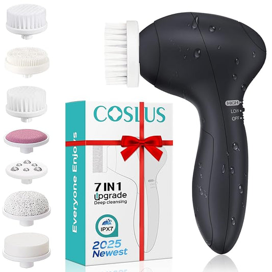 COSLUS Facial Cleansing Brush Silicone Face Scrubber: 7 in 1 FBS-D Electric Exfoliating Rotating Massage Device Waterproof Deep Cleaning Exfoliation Spa Machine - Electronic Skin Care Wash System-Velvo Beauty