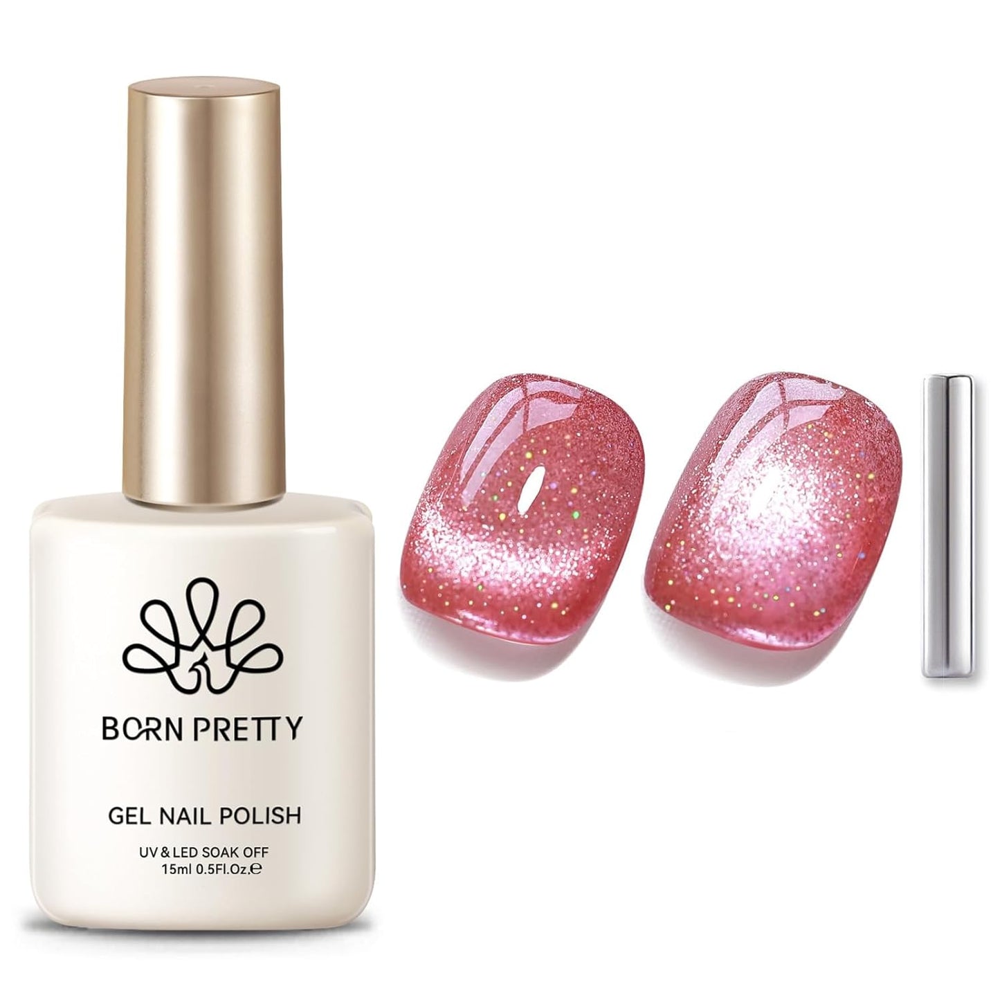 BORN PRETTY Cat Magnetic Eye Gel Nail Polish,Peach Blossom Glitter Cat Magnetic Gel Nail Polish Magnetic Nail Polish for Nail Art Manicure Salon DIY at Home 15ML-Velvo Beauty
